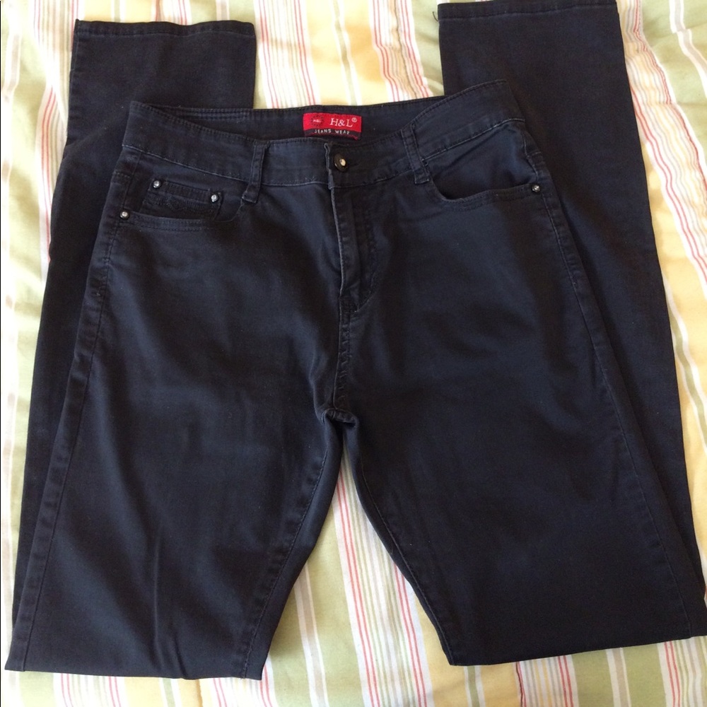 H&L France Black Jeans W/Decorative Trim & Jeweled Buttons Sz. 10
